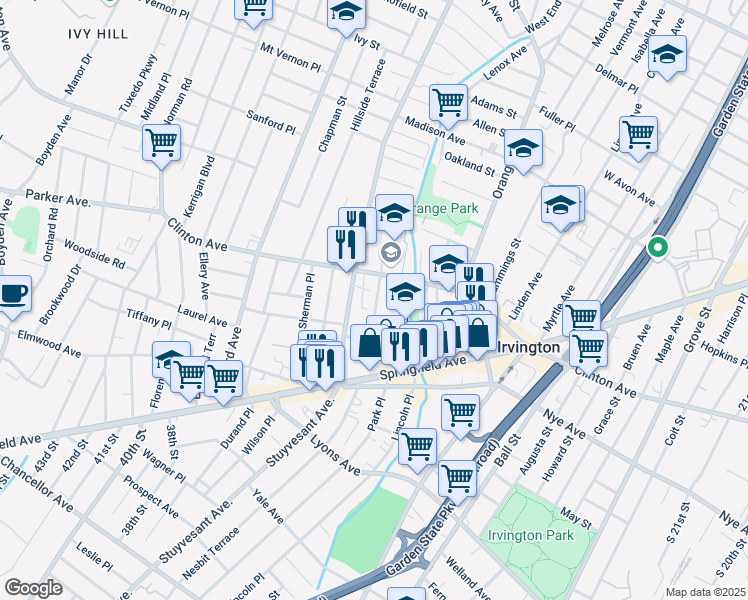 map of restaurants, bars, coffee shops, grocery stores, and more near 31 Civic Square West in Irvington