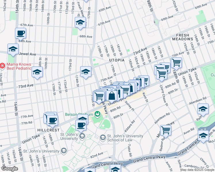 map of restaurants, bars, coffee shops, grocery stores, and more near 75-32 178th Street in Queens