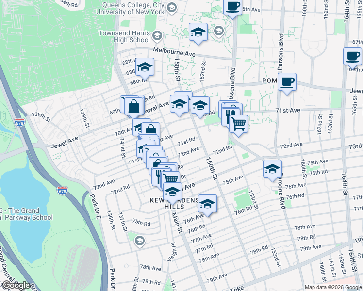 map of restaurants, bars, coffee shops, grocery stores, and more near 14716 71st Road in Queens
