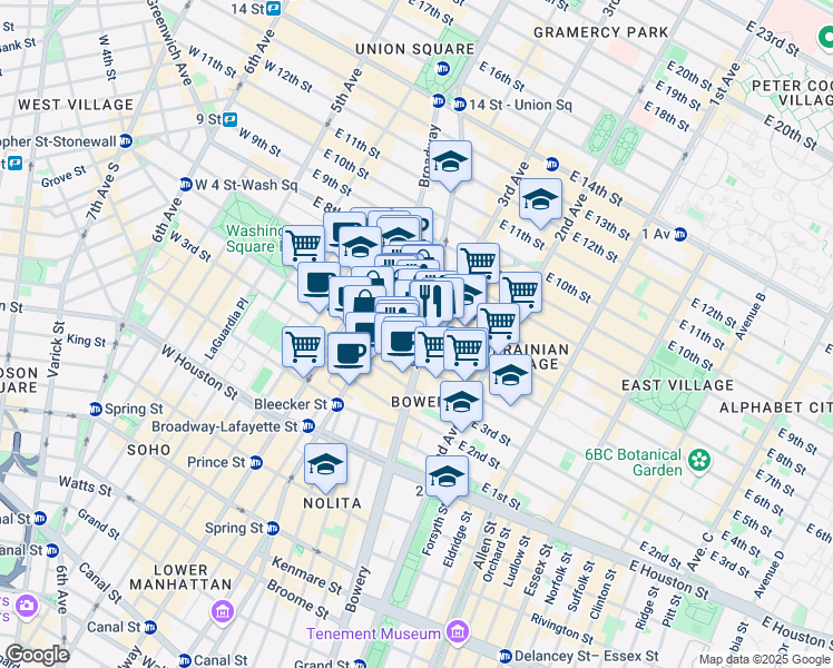 map of restaurants, bars, coffee shops, grocery stores, and more near 20 Cooper Square in New York