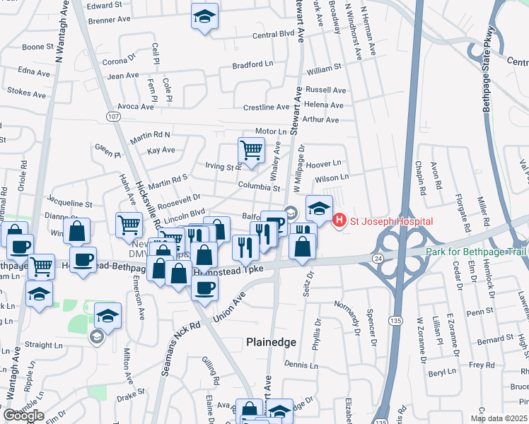 map of restaurants, bars, coffee shops, grocery stores, and more near 33 Whaley Avenue in Bethpage
