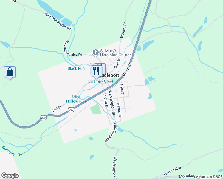 map of restaurants, bars, coffee shops, grocery stores, and more near 36 Washington Street in Middleport