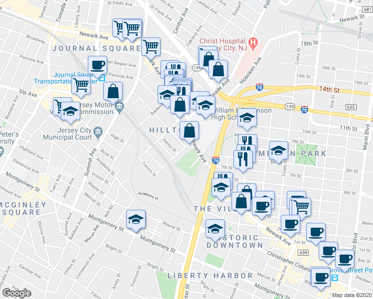 map of restaurants, bars, coffee shops, grocery stores, and more near 108 Waldo Avenue in Jersey City