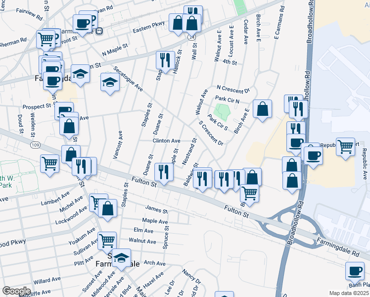 map of restaurants, bars, coffee shops, grocery stores, and more near 16 Nostrand St in Farmingdale