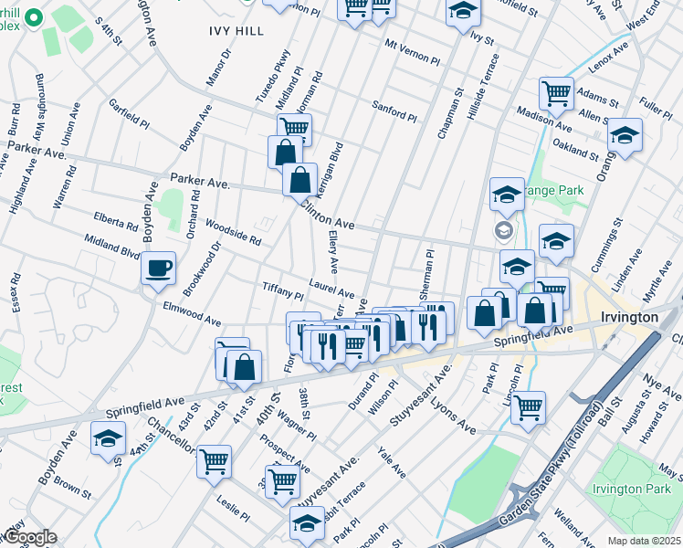 map of restaurants, bars, coffee shops, grocery stores, and more near 17 Ellery Avenue in Irvington