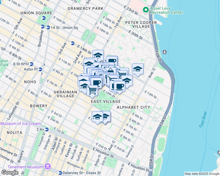 map of restaurants, bars, coffee shops, grocery stores, and more near 502 East 11th Street in New York