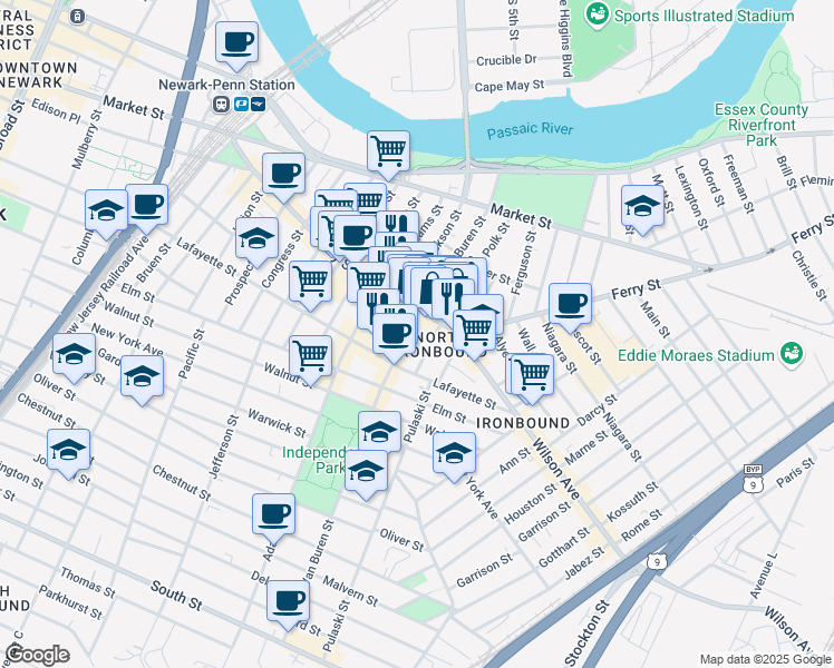 map of restaurants, bars, coffee shops, grocery stores, and more near 134 Van Buren Street in Newark