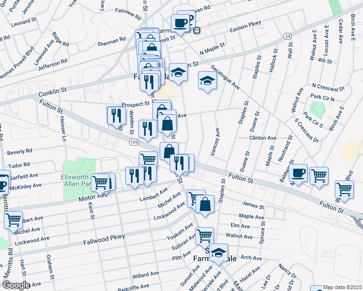 map of restaurants, bars, coffee shops, grocery stores, and more near 42 Richard Street in Farmingdale