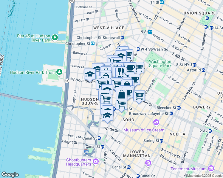 map of restaurants, bars, coffee shops, grocery stores, and more near 33 King Street in New York