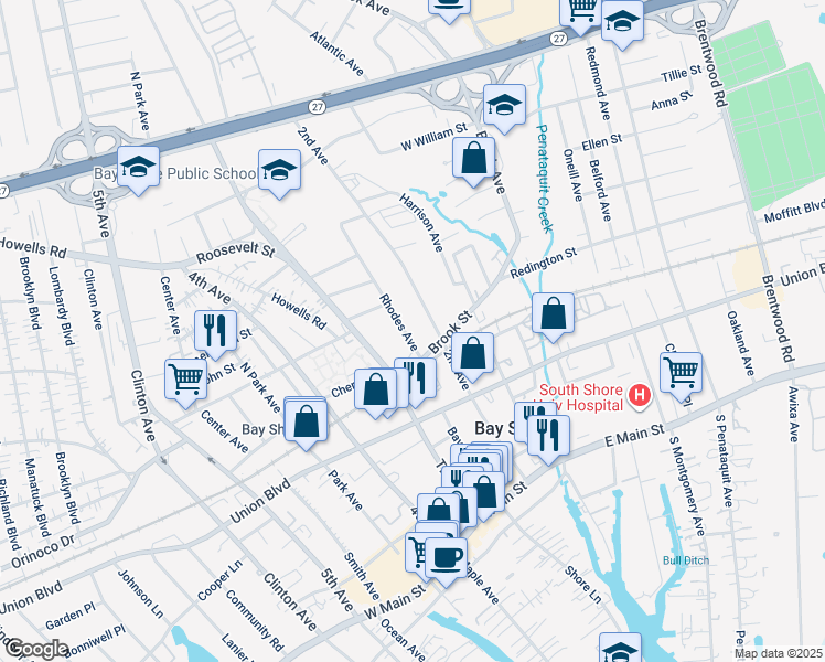 map of restaurants, bars, coffee shops, grocery stores, and more near 11 Rhodes Avenue in Bay Shore
