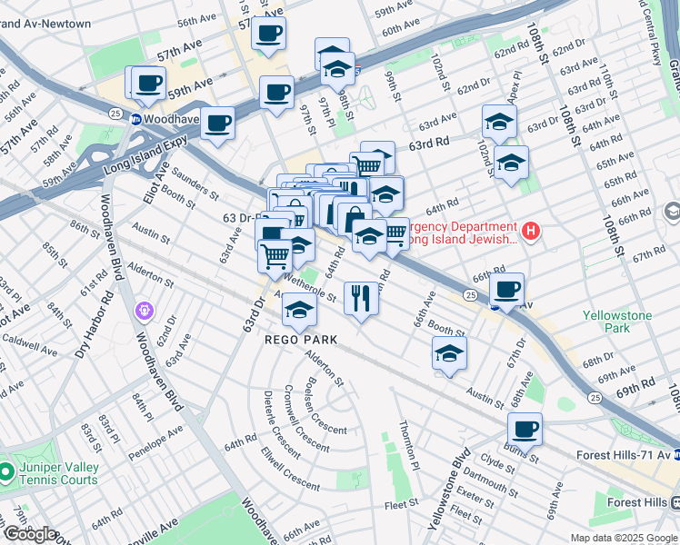 map of restaurants, bars, coffee shops, grocery stores, and more near 64-45 Booth Street in Queens