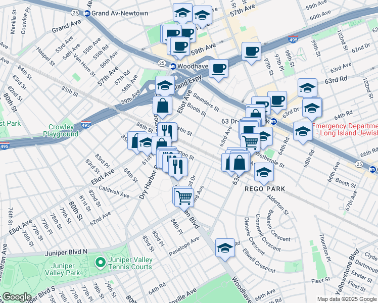 map of restaurants, bars, coffee shops, grocery stores, and more near 62-05 Alderton Street in Queens