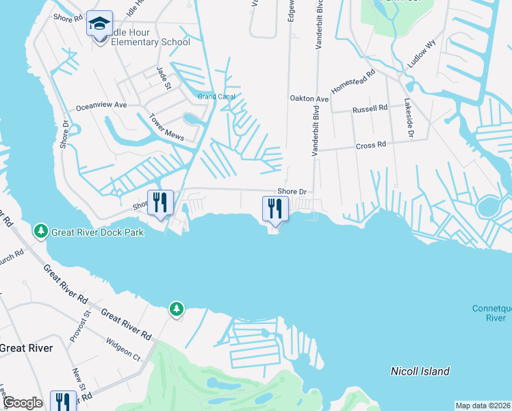 map of restaurants, bars, coffee shops, grocery stores, and more near 608 Shore Drive in Oakdale