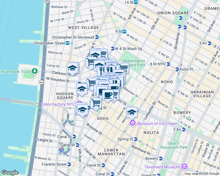 map of restaurants, bars, coffee shops, grocery stores, and more near 171 Sullivan Street in New York