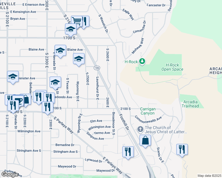 map of restaurants, bars, coffee shops, grocery stores, and more near 1945 South 26th East in Salt Lake City