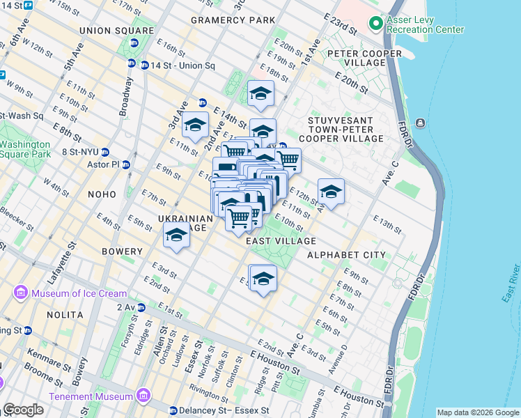 map of restaurants, bars, coffee shops, grocery stores, and more near 291 East 10th Street in New York