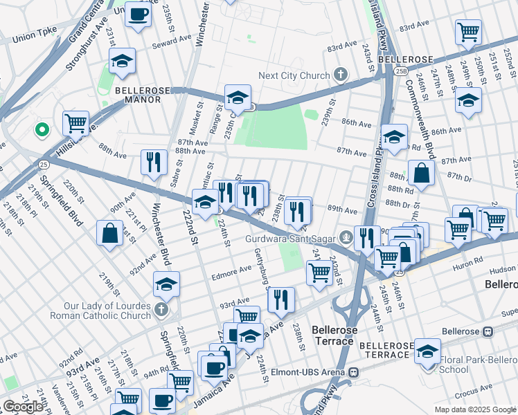 map of restaurants, bars, coffee shops, grocery stores, and more near 89-26 237th Street in Queens