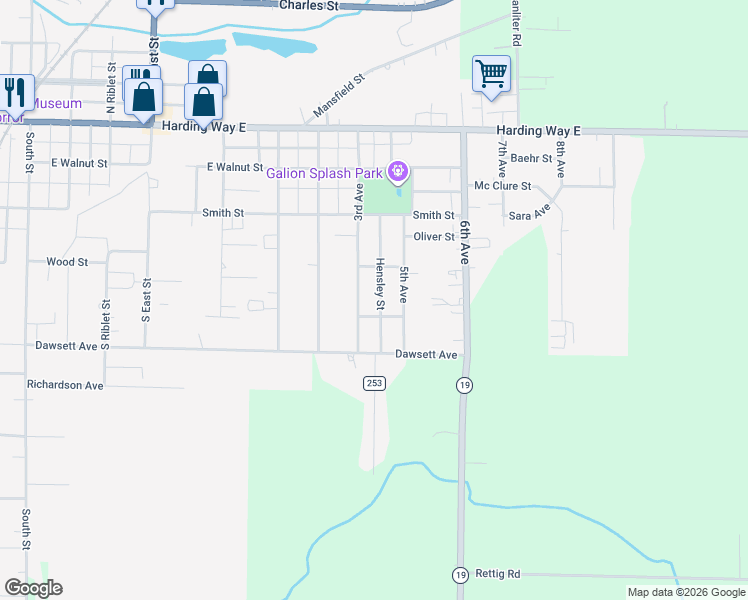 map of restaurants, bars, coffee shops, grocery stores, and more near 416 Hensley Street in Galion