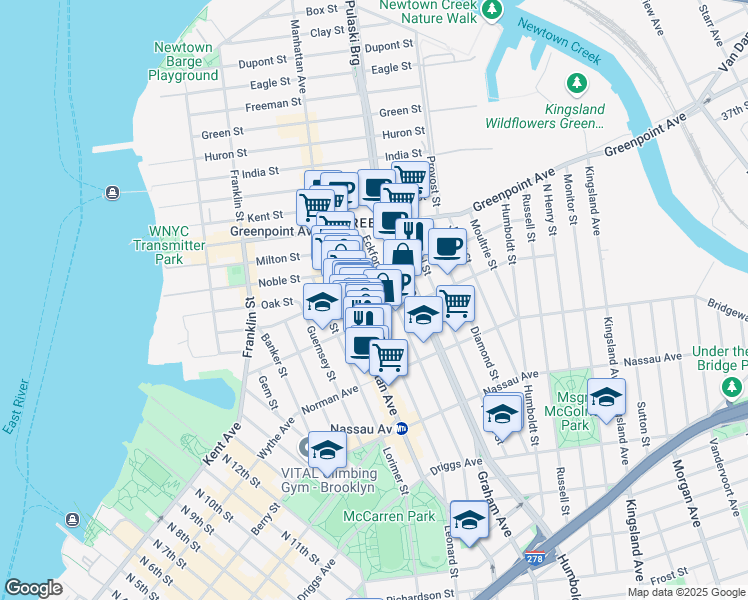 map of restaurants, bars, coffee shops, grocery stores, and more near 257 Eckford Street in Brooklyn