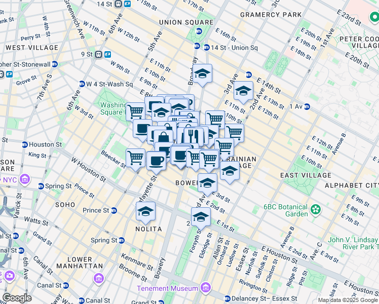 map of restaurants, bars, coffee shops, grocery stores, and more near 30 Cooper Square in New York