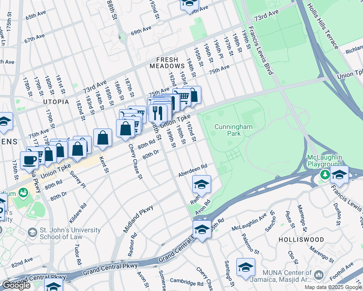 map of restaurants, bars, coffee shops, grocery stores, and more near 80-60 190th Street in Queens