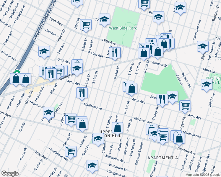 map of restaurants, bars, coffee shops, grocery stores, and more near 765 South 14th Street in Newark