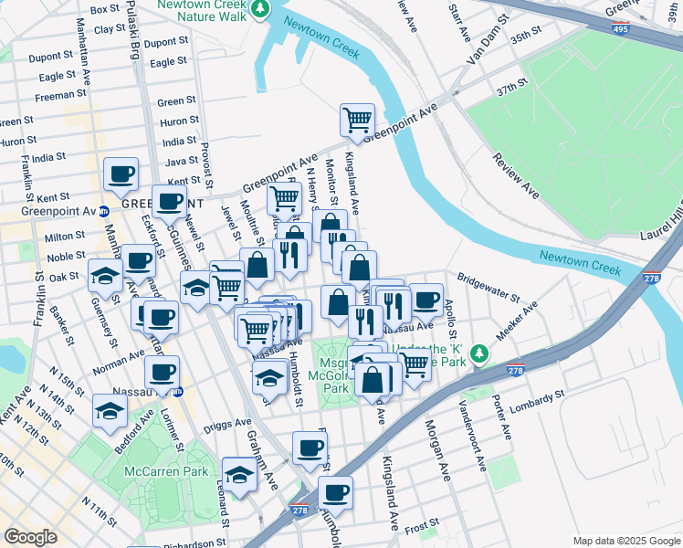 map of restaurants, bars, coffee shops, grocery stores, and more near Monitor Street in Brooklyn