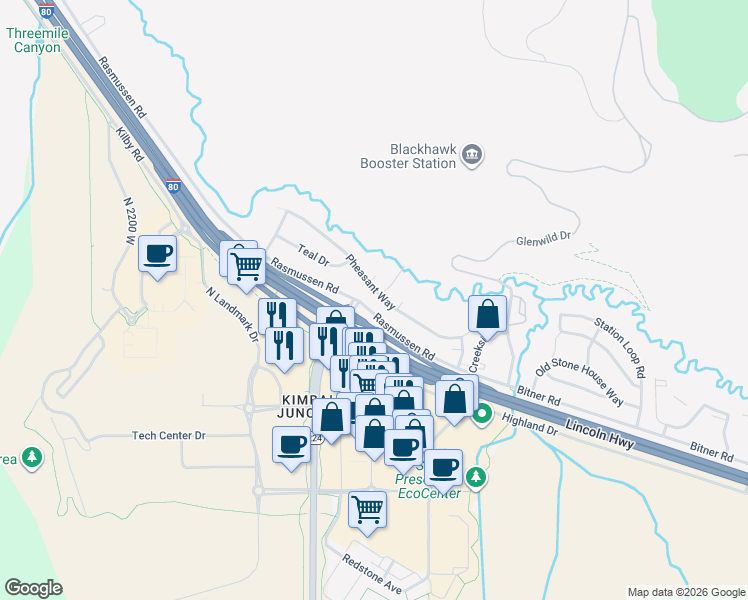 map of restaurants, bars, coffee shops, grocery stores, and more near 1562 Mallard Circle in Park City