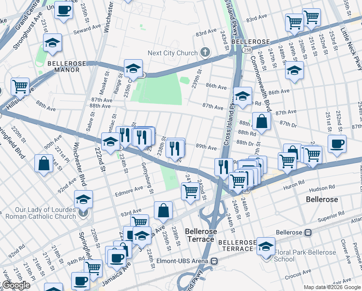 map of restaurants, bars, coffee shops, grocery stores, and more near 89-06 240th Street in Queens