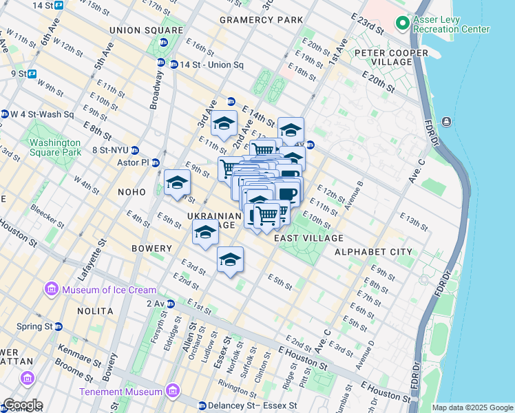 map of restaurants, bars, coffee shops, grocery stores, and more near 246 East 10th Street in New York