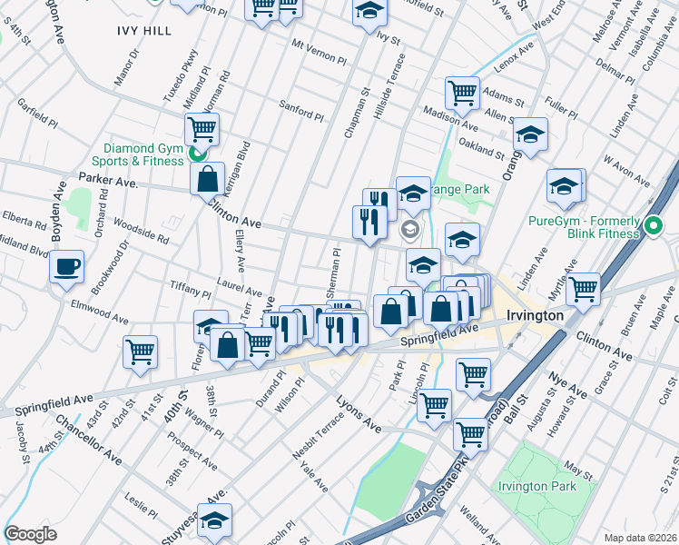 map of restaurants, bars, coffee shops, grocery stores, and more near 30 Sherman Place in Irvington