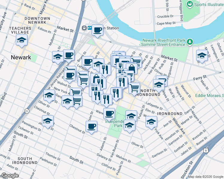 map of restaurants, bars, coffee shops, grocery stores, and more near 252-272 Lafayette Street in Newark