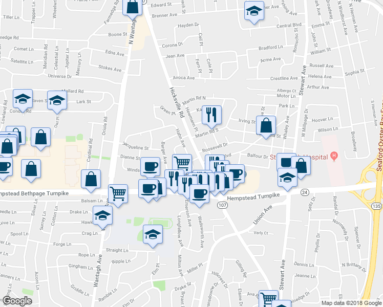 map of restaurants, bars, coffee shops, grocery stores, and more near 3957 Hahn Avenue in Bethpage