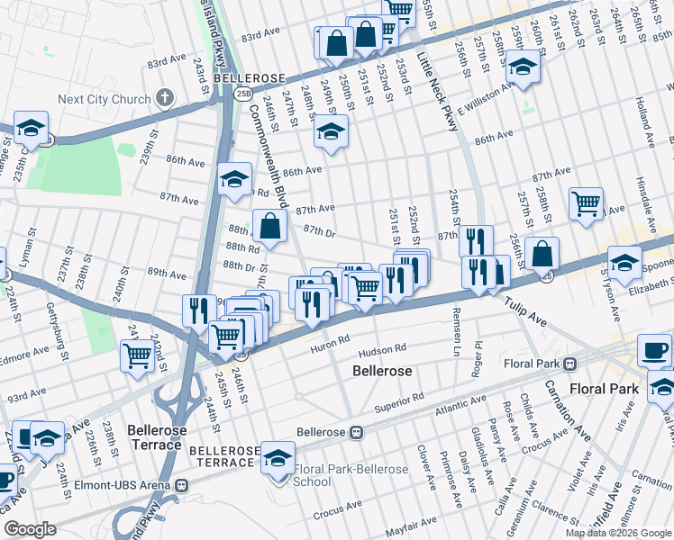 map of restaurants, bars, coffee shops, grocery stores, and more near 248-35 88th Drive in Queens