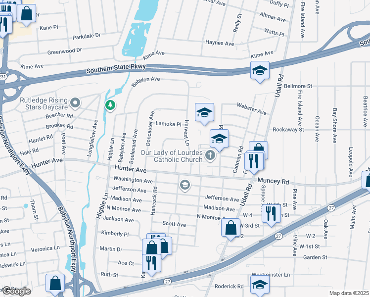 map of restaurants, bars, coffee shops, grocery stores, and more near 30 Harvest Lane in West Islip