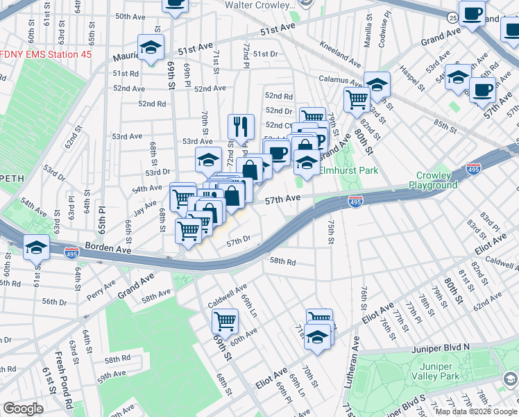 map of restaurants, bars, coffee shops, grocery stores, and more near 57-19 Mazeau Street in Queens