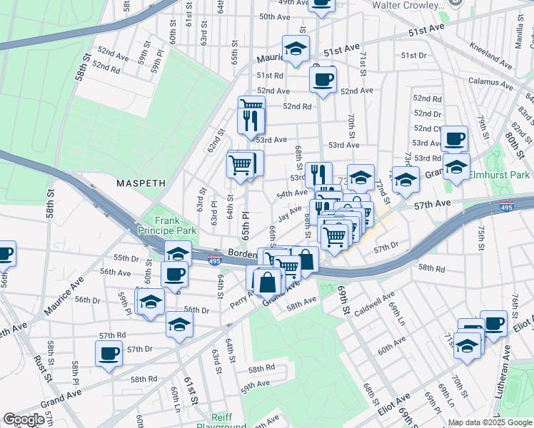 map of restaurants, bars, coffee shops, grocery stores, and more near 54-40 66th Street in Queens