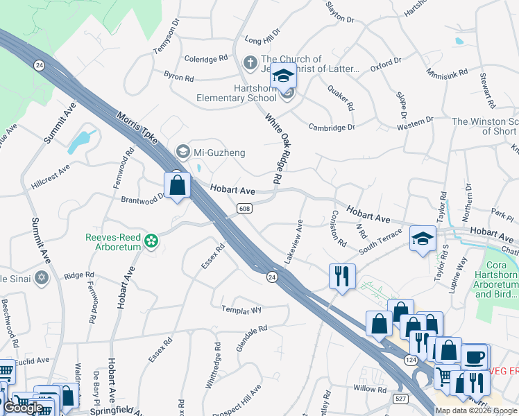 map of restaurants, bars, coffee shops, grocery stores, and more near 34 Hobart Gap Road in Millburn