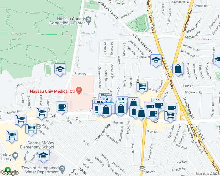 map of restaurants, bars, coffee shops, grocery stores, and more near 97 Margaret Drive in East Meadow
