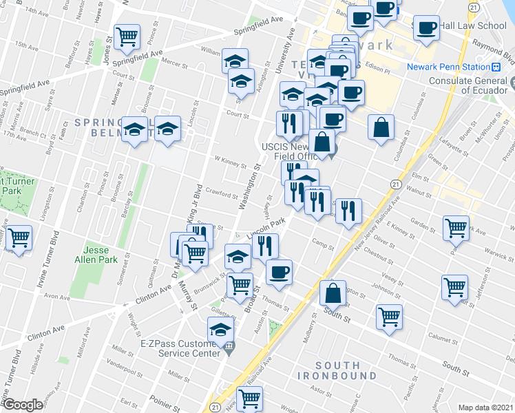 map of restaurants, bars, coffee shops, grocery stores, and more near 9 Crawford Street in Newark
