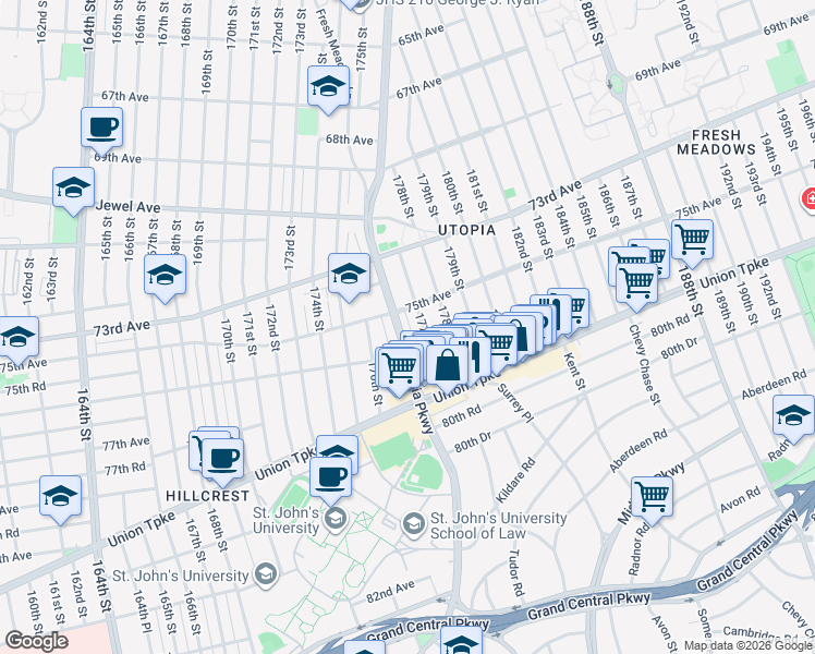 map of restaurants, bars, coffee shops, grocery stores, and more near 75-17 Utopia Parkway in Queens
