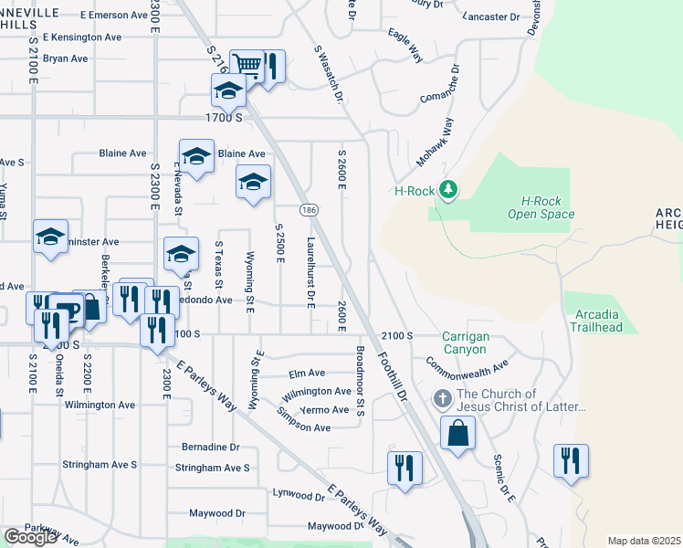 map of restaurants, bars, coffee shops, grocery stores, and more near 1945 South 26th East in Salt Lake City