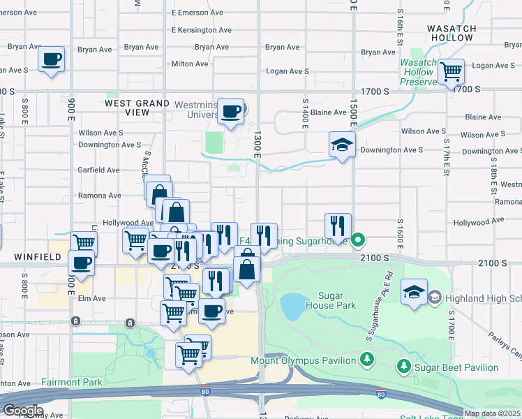 map of restaurants, bars, coffee shops, grocery stores, and more near 1945 South 1300 East in Salt Lake City