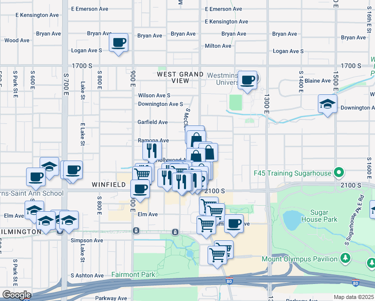map of restaurants, bars, coffee shops, grocery stores, and more near 1932 South McClelland Street in Salt Lake City