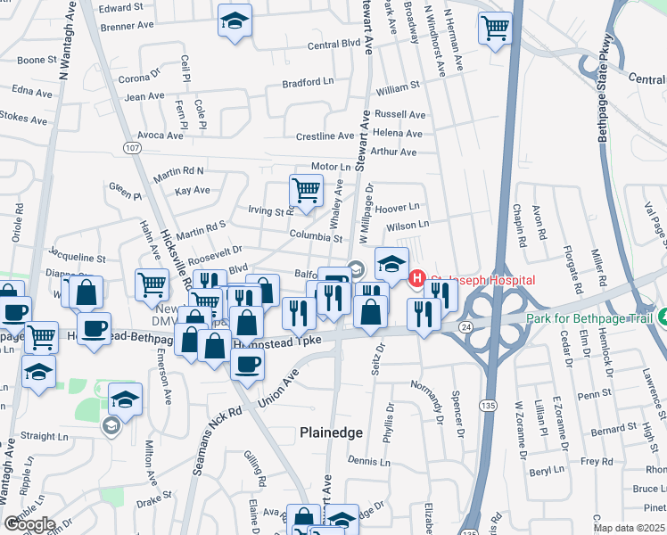 map of restaurants, bars, coffee shops, grocery stores, and more near 33 Whaley Avenue in Bethpage