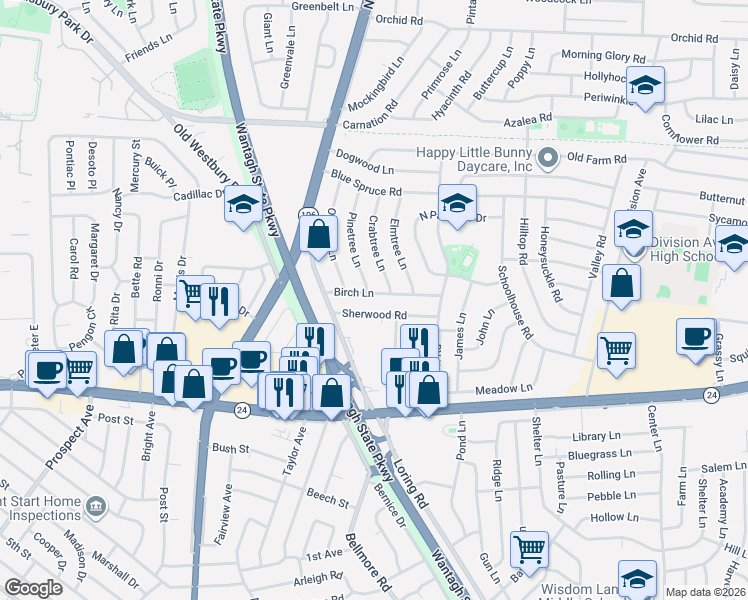 map of restaurants, bars, coffee shops, grocery stores, and more near 24 Birch Lane in Levittown