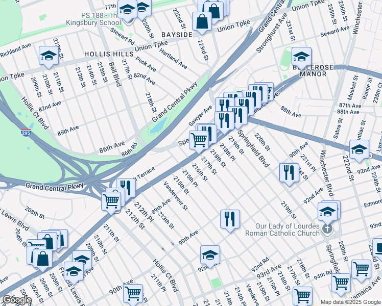 map of restaurants, bars, coffee shops, grocery stores, and more near 87-54 216th Street in Queens