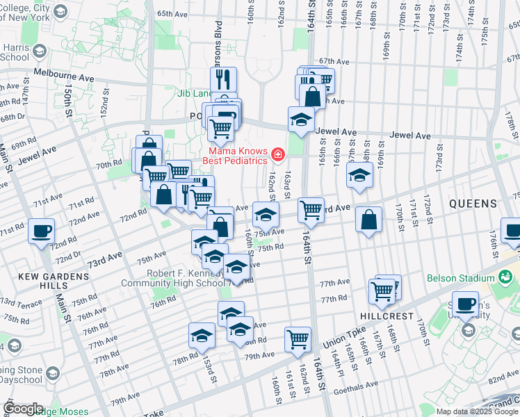map of restaurants, bars, coffee shops, grocery stores, and more near 161-10 72nd Avenue in Queens
