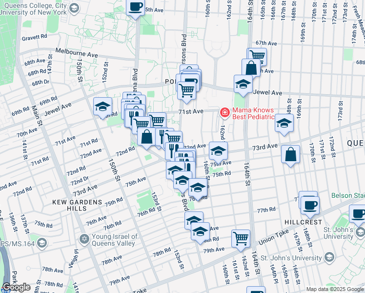 map of restaurants, bars, coffee shops, grocery stores, and more near 158-13 72nd Avenue in Queens