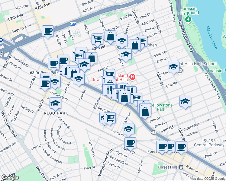 map of restaurants, bars, coffee shops, grocery stores, and more near 6611 99th Street in Queens